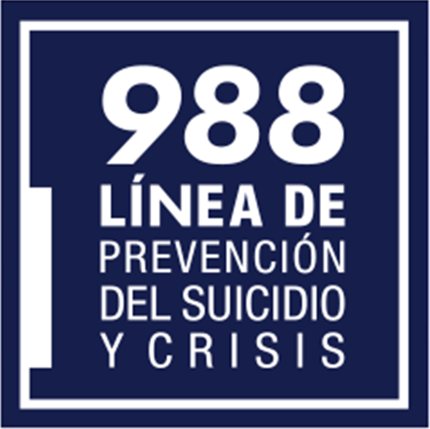 Navy blue box with white text reading "988 Línea de prevención del suicidio y crisis"