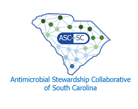 Outline of SC with dots throughout the state connected, like a network. In a capsule pill outline are the letters ASC-SC. Underneath the state image reads "Antimicrobial Stewardship Collaborative of South Carolina