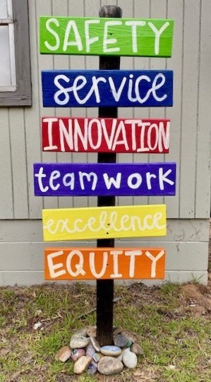 Wooden sign with colorful horizontal planks reading: Safety, Service, Innovation, Teamwork, excellence, Equity"