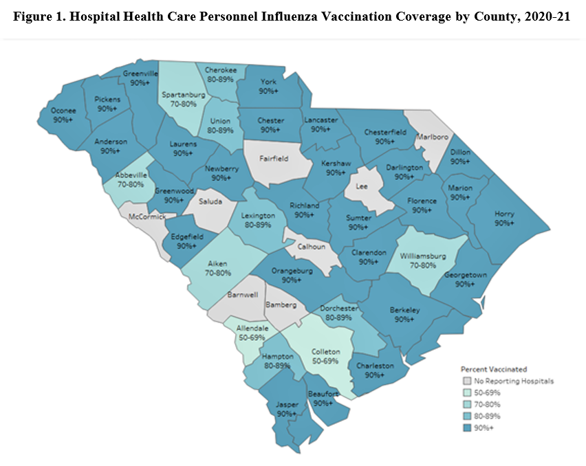 Map of SC with flu watch numbers by county from 2020-2021