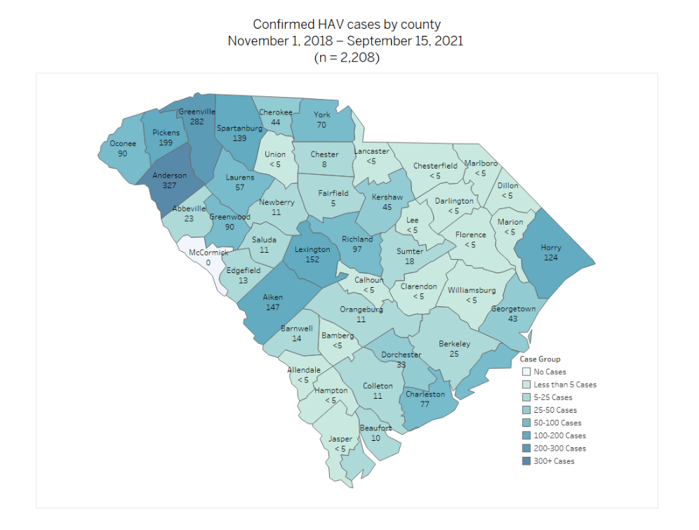 SC Map of Hep A Cases by County