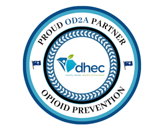 Circular badge image with outer ring stating "Proud OD2A Partner Opioid Prevention" and the inner ring with DHEC's logo
