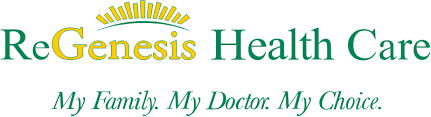 Green and yellow ReGenesis Health Care Logo with sun rays over "Genesis"