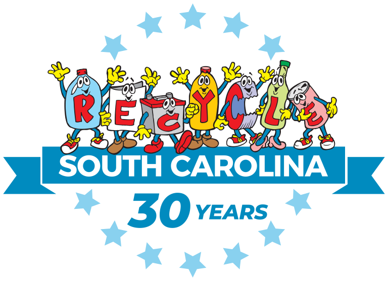 Cartoon cans/bottles with red letters on their front spelling our RECYCLE. Blue banner underneath them says South Carolina 30 Years. Stars surround in a circle