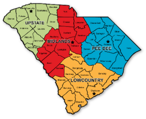 Map of South Carolina by Region - Upstate, Midlands, Lowcountry, Pee Dee