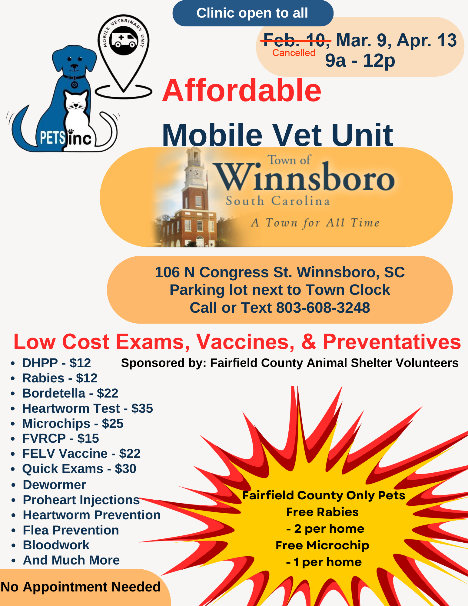 Winnsboro Pet Vaccine Clinics Flyer Winter/Spring 2024