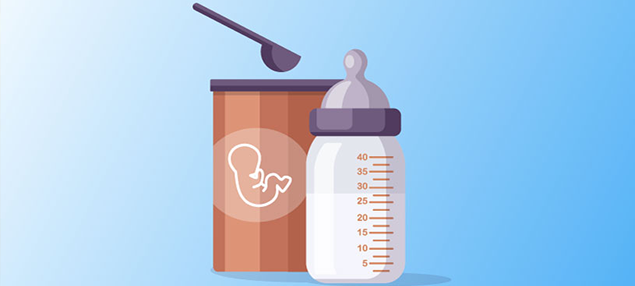 Scoop and container of formula next to a full baby bottle. Graphic is on a blue gradient background.