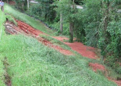 Check for new or larger slumps or slides in the earthen dam. 