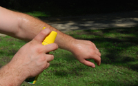 Person applies bug spray to their arm